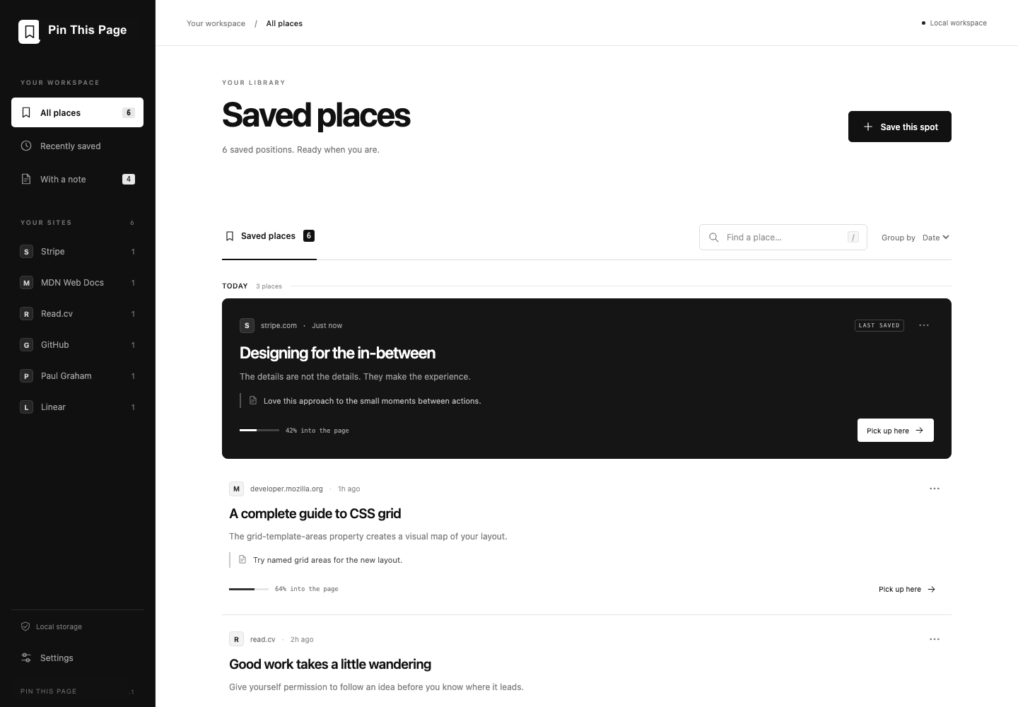 Pin This Page saved places library open in Chrome